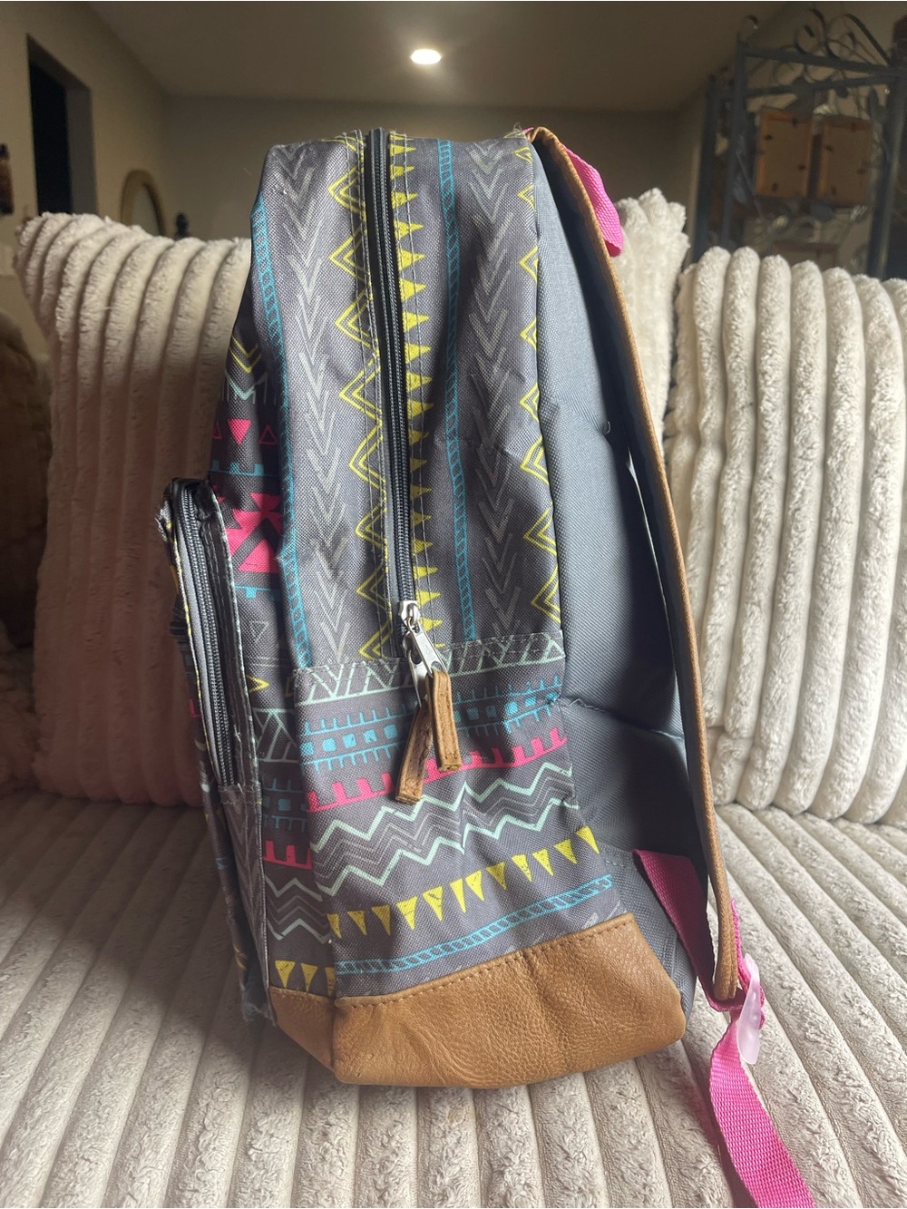 Gray Aztec-Print Women's Backpack with Pink, Yellow & Teal Accents - Picture 4 of 6